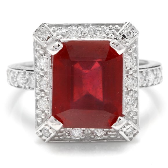 8.05 Ct Natural Red Ruby & Diamond 14KW Gold Ring